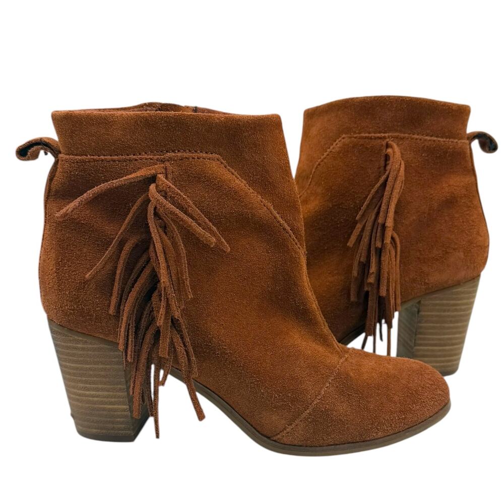 TOMS Lunata Brown Suede Fringe Ankle Boots Stacked Block Heel Booties Size 8.5